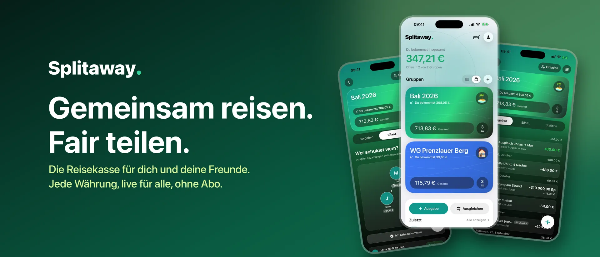 Splitaway – Gemeinsam reisen. Fair teilen. Die Reisekasse für dich und deine Freunde: jede Währung, live für alle, ohne Abo.