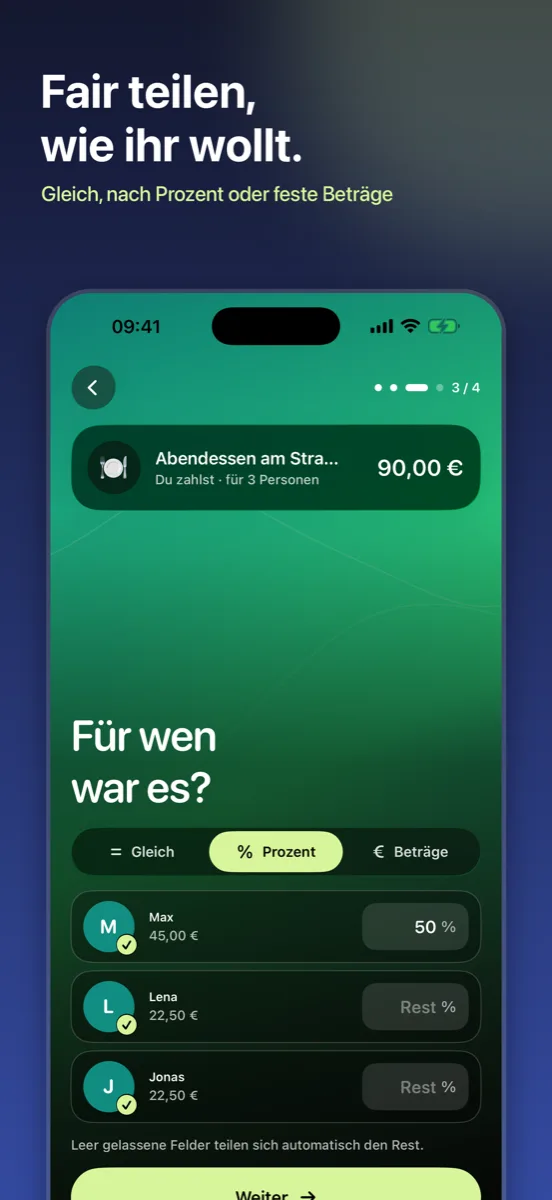 Splitaway: Fair teilen, wie ihr wollt – gleich, nach Prozent oder feste Beträge