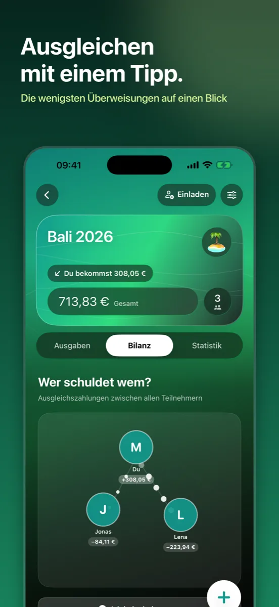 Splitaway: Ausgleichen mit einem Tipp – die wenigsten Überweisungen auf einen Blick