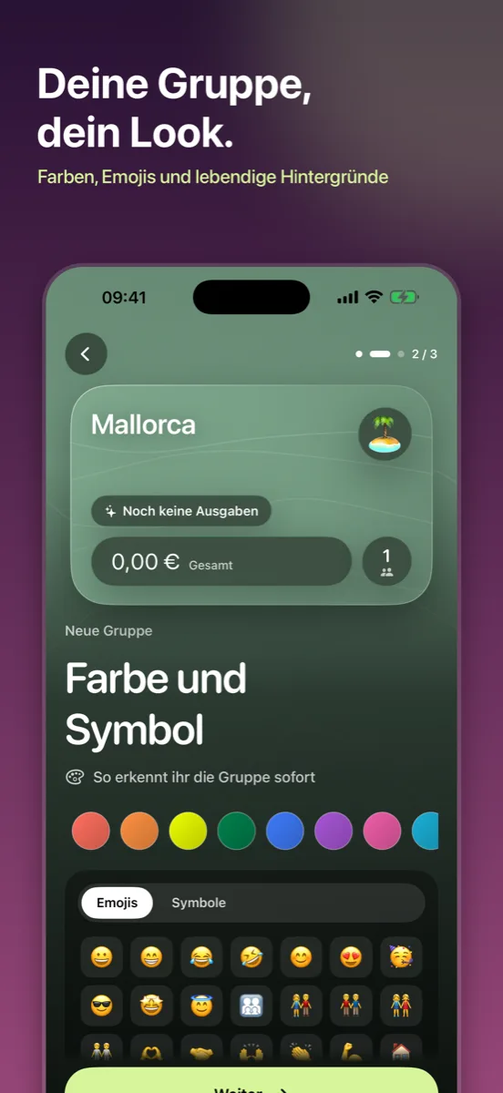 Splitaway: Deine Gruppe, dein Look – Farben, Emojis und lebendige Hintergründe