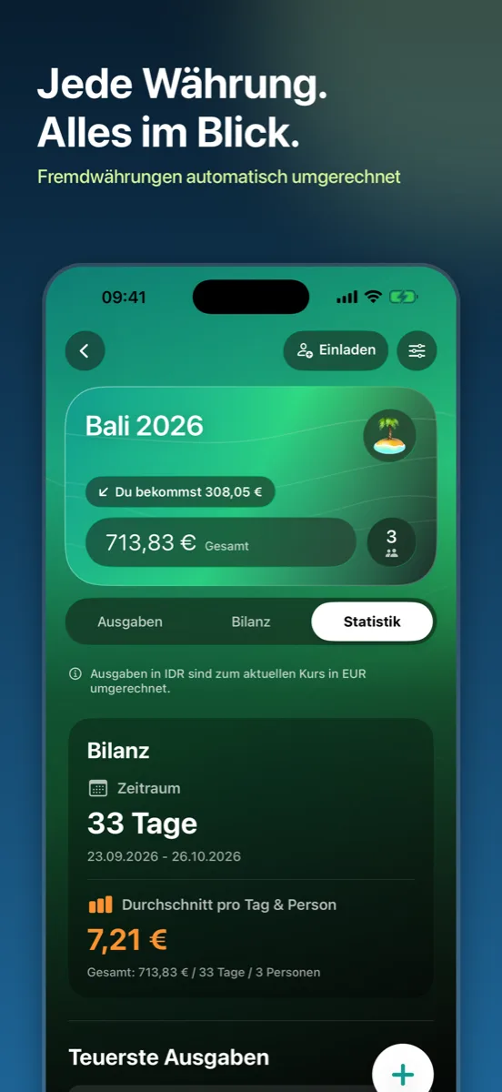 Splitaway: Jede Währung, alles im Blick – Fremdwährungen automatisch umgerechnet